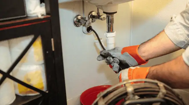 Drain cleaning technician using a motorized plumbing snake to clear a clogged sink pipe in Charlotte, NC